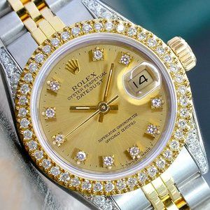 ROLEX LADIES DATEJUST GOLD STEEL FACTORY CHAMPAGNE DIAMOND DIAL BEZEL 26MM WATCH